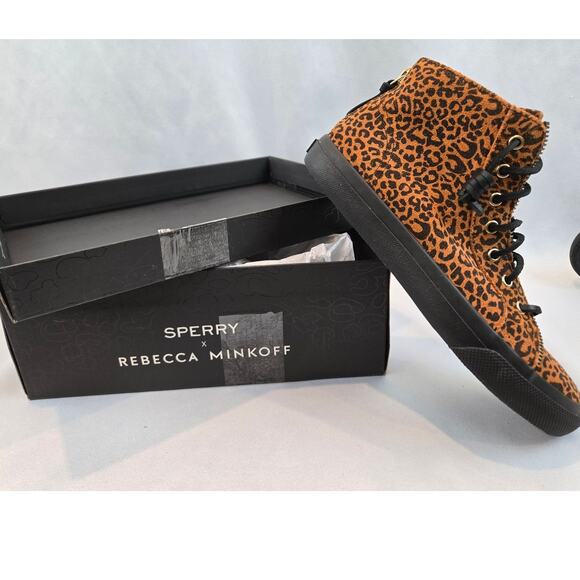Sperry X Rebecca Minkoff Leather Leopard Print High-Top Sneakers NIB Womens 7.5 - Picture 10 of 12